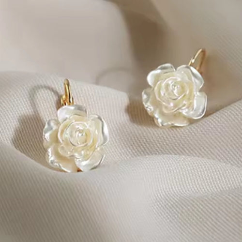 White Camellia Flower Dangle Earrings