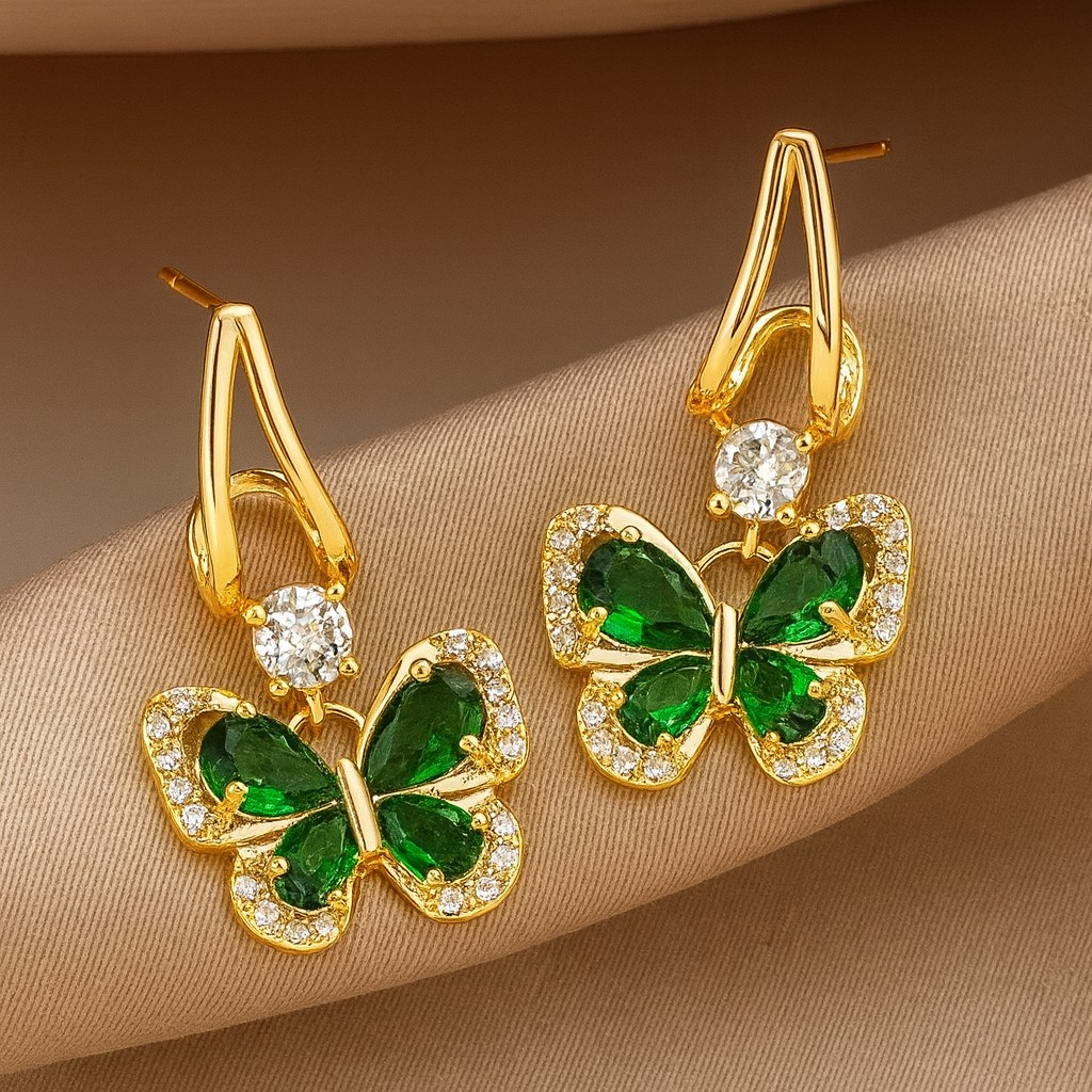 925 Silver Needle Vintage Green Crystal Butterfly Drop Earrings For Women Jewelry 2025 Trending Luxury Zircon Women's Earrings