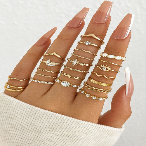 23PCS Fashion Luxury Shiny Zircon Wave Multi-Element Design Women's Ring Set,