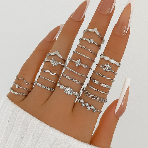 23PCS Fashion Luxury Shiny Zircon Wave Multi-Element Design Women's Ring Set,