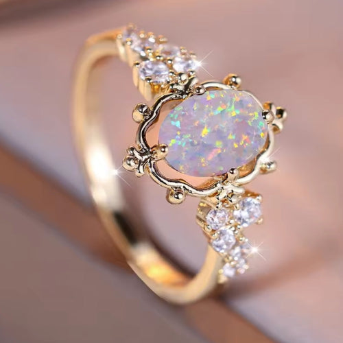 White Fire Opal Oval Stone Flower Rings