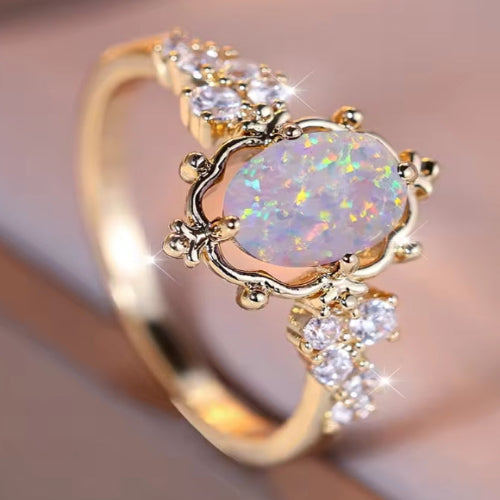 White Fire Opal Oval Stone Flower Rings