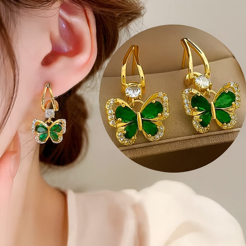 925 Silver Needle Vintage Green Crystal Butterfly Drop Earrings For Women Jewelry 2025 Trending Luxury Zircon Women's Earrings