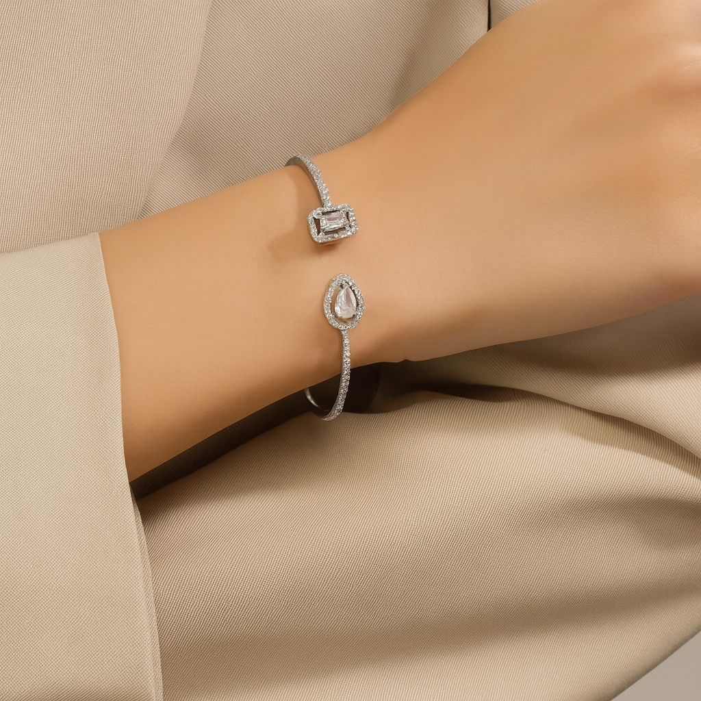 Luxury Geometry Gold Color Cuff Bangles For Women Fashion Cubic Zirconia Bracelets